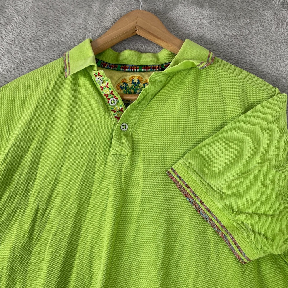 Robert Graham Polo Shirt Mens Medium Lime Green Pima Cotton Embroidered Trim